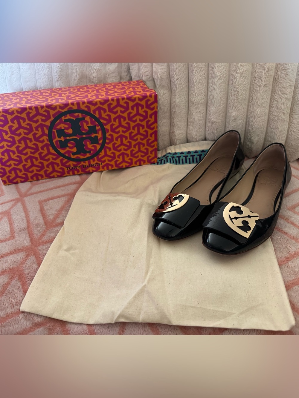 Tory Burch Black Patent Logo Accent Ballet Flats